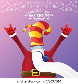 vector DJ rock n roll santa claus with smoking pipe, santa beard and funky santa hat on violet background. Christmas hipster poster for party or greeting card. vector bad santa xmas poster background