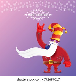 vector DJ rock n roll santa claus with smoking pipe, santa beard and funky santa hat on violet background. Christmas hipster poster for party or greeting card. vector bad santa xmas poster background