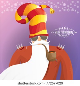vector DJ rock n roll santa claus with smoking pipe, santa beard and funky santa hat on violet background. Christmas hipster poster for party or greeting card. vector bad santa xmas poster background