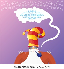 vector DJ rock n roll santa claus with smoking pipe, santa beard and funky santa hat on violet background. Christmas hipster poster for party or greeting card. vector bad santa xmas poster background