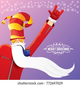 vector DJ rock n roll santa claus with smoking pipe, santa beard and funky santa hat on violet background. Christmas hipster poster for party or greeting card. vector bad santa xmas poster background