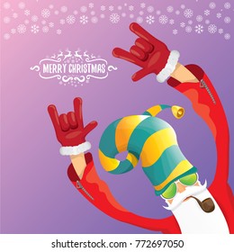 vector DJ rock n roll santa claus with smoking pipe, santa beard and funky santa hat on violet background. Christmas hipster poster for party or greeting card. vector bad santa xmas poster background