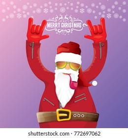 vector DJ rock n roll santa claus with smoking pipe, santa beard and funky santa hat on violet background. Christmas hipster poster for party or greeting card. vector bad santa xmas poster background