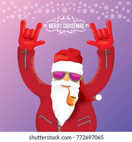 vector DJ rock n roll santa claus with smoking pipe, santa beard and funky santa hat on violet background. Christmas hipster poster for party or greeting card. vector bad santa xmas poster background