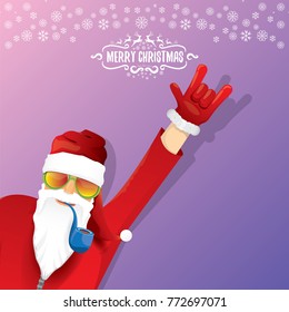 vector DJ rock n roll santa claus with smoking pipe, santa beard and funky santa hat on violet background. Christmas hipster poster for party or greeting card. vector bad santa xmas poster background