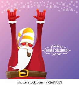 vector DJ rock n roll santa claus with smoking pipe, santa beard and funky santa hat on violet background. Christmas hipster poster for party or greeting card. vector bad santa xmas poster background