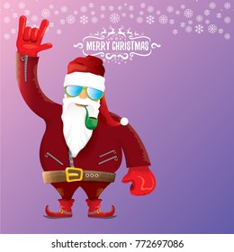 vector DJ rock n roll santa claus with smoking pipe, santa beard and funky santa hat on violet background. Christmas hipster poster for party or greeting card. vector bad santa xmas poster background