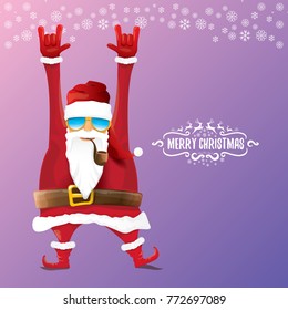 vector DJ rock n roll santa claus with smoking pipe, santa beard and funky santa hat on violet background. Christmas hipster poster for party or greeting card. vector bad santa xmas poster background