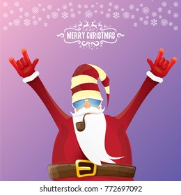 vector DJ rock n roll santa claus with smoking pipe, santa beard and funky santa hat on violet background. Christmas hipster poster for party or greeting card. vector bad santa xmas poster background
