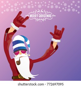 vector DJ rock n roll santa claus with smoking pipe, santa beard and funky santa hat on violet background. Christmas hipster poster for party or greeting card. vector bad santa xmas poster background