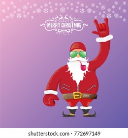 vector DJ rock n roll santa claus with smoking pipe, santa beard and funky santa hat on violet background. Christmas hipster poster for party or greeting card. vector bad santa xmas poster background