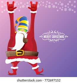 vector DJ rock n roll santa claus with smoking pipe, santa beard and funky santa hat on violet background. Christmas hipster poster for party or greeting card. vector bad santa xmas poster background