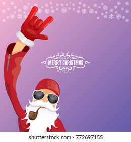 vector DJ rock n roll santa claus with smoking pipe, santa beard and funky santa hat on violet background. Christmas hipster poster for party or greeting card. vector bad santa xmas poster background