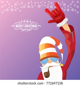 vector DJ rock n roll santa claus with smoking pipe, santa beard and funky santa hat on violet background. Christmas hipster poster for party or greeting card. vector bad santa xmas poster background