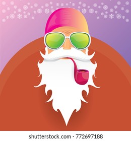 vector DJ rock n roll santa claus with smoking pipe, santa beard and funky santa hat on violet background. Christmas hipster poster for party or greeting card. vector bad santa xmas poster background