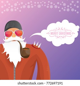 vector DJ rock n roll santa claus with smoking pipe, santa beard and funky santa hat on violet background. Christmas hipster poster for party or greeting card. vector bad santa xmas poster background