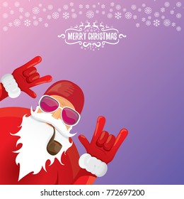 vector DJ rock n roll santa claus with smoking pipe, santa beard and funky santa hat on violet background. Christmas hipster poster for party or greeting card. vector bad santa xmas poster background