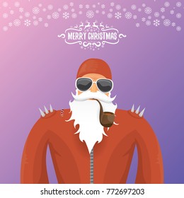 vector DJ rock n roll santa claus with smoking pipe, santa beard and funky santa hat on violet background. Christmas hipster poster for party or greeting card. vector bad santa xmas poster background