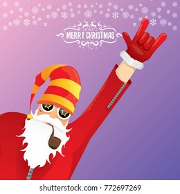 vector DJ rock n roll santa claus with smoking pipe, santa beard and funky santa hat on violet background. Christmas hipster poster for party or greeting card. vector bad santa xmas poster background