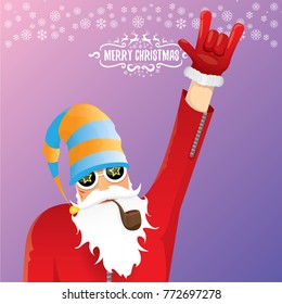 vector DJ rock n roll santa claus with smoking pipe, santa beard and funky santa hat on violet background. Christmas hipster poster for party or greeting card. vector bad santa xmas poster background