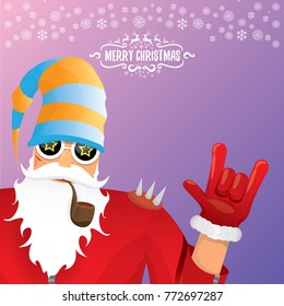 vector DJ rock n roll santa claus with smoking pipe, santa beard and funky santa hat on violet background. Christmas hipster poster for party or greeting card. vector bad santa xmas poster background