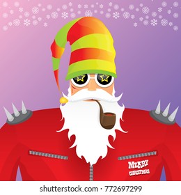 vector DJ rock n roll santa claus with smoking pipe, santa beard and funky santa hat on violet background. Christmas hipster poster for party or greeting card. vector bad santa xmas poster background