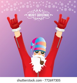 vector DJ rock n roll santa claus with smoking pipe, santa beard and funky santa hat on violet background. Christmas hipster poster for party or greeting card. vector bad santa xmas poster background