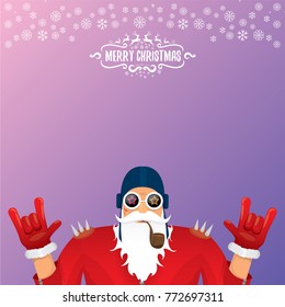 vector DJ rock n roll santa claus with smoking pipe, santa beard and funky santa hat on violet background. Christmas hipster poster for party or greeting card. vector bad santa xmas poster background