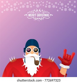vector DJ rock n roll santa claus with smoking pipe, santa beard and funky santa hat on violet background. Christmas hipster poster for party or greeting card. vector bad santa xmas poster background