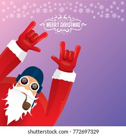 vector DJ rock n roll santa claus with smoking pipe, santa beard and funky santa hat on violet background. Christmas hipster poster for party or greeting card. vector bad santa xmas poster background