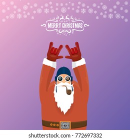 vector DJ rock n roll santa claus with smoking pipe, santa beard and funky santa hat on violet background. Christmas hipster poster for party or greeting card. vector bad santa xmas poster background