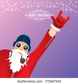 vector DJ rock n roll santa claus with smoking pipe, santa beard and funky santa hat on violet background. Christmas hipster poster for party or greeting card. vector bad santa xmas poster background