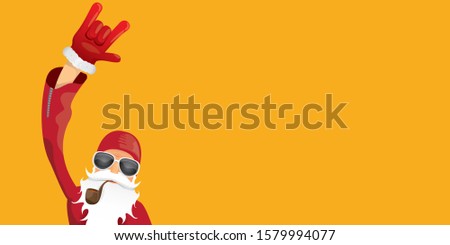 vector DJ rock n roll santa claus with smoking pipe, santa beard and funky hat isolated on orange horizontal banner background. Horizontal Christmas hipster party poster or sale flyer template