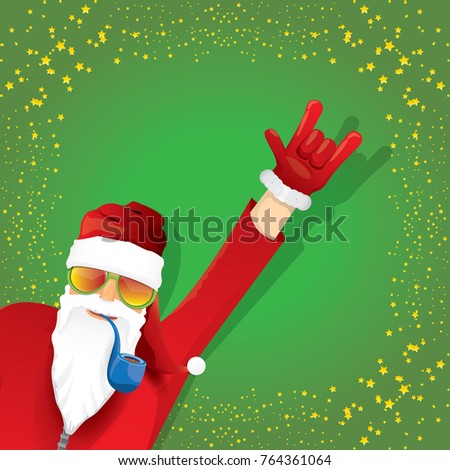 vector DJ rock n roll santa claus with smoking pipe, santa beard and funky santa hat on green background. Christmas hipster poster for party or greeting card. vector bad santa xmas poster background