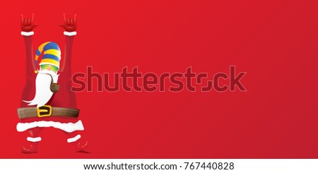 vector DJ rock n roll santa claus with smoking pipe, santa beard and funky santa hat isolated on red christmas horizontal background. Horizontal Christmas hipster party poster, banner or card.
