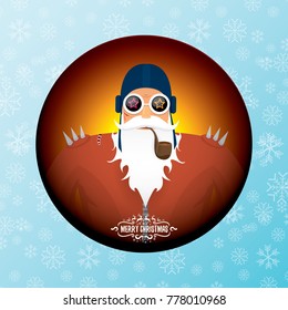 vector DJ santa claus with smoking pipe, santa beard and funky santa hat on blue background with snowflakes. Christmas hipster poster for party or greeting card. vector bad santa xmas poster
