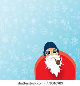 vector DJ santa claus with smoking pipe, santa beard and funky santa hat on blue background with snowflakes. Christmas hipster poster for party or greeting card. vector bad santa xmas poster