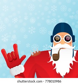 vector DJ santa claus with smoking pipe, santa beard and funky santa hat on blue background with snowflakes. Christmas hipster poster for party or greeting card. vector bad santa xmas poster