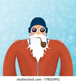vector DJ santa claus with smoking pipe, santa beard and funky santa hat on blue background with snowflakes. Christmas hipster poster for party or greeting card. vector bad santa xmas poster