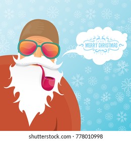 vector DJ santa claus with smoking pipe, santa beard and funky santa hat on blue background with snowflakes. Christmas hipster poster for party or greeting card. vector bad santa xmas poster