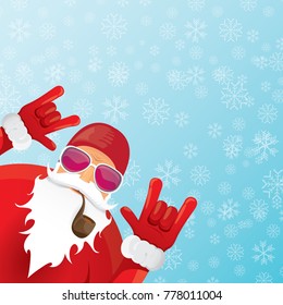 vector DJ santa claus with smoking pipe, santa beard and funky santa hat on blue background with snowflakes. Christmas hipster poster for party or greeting card. vector bad santa xmas poster
