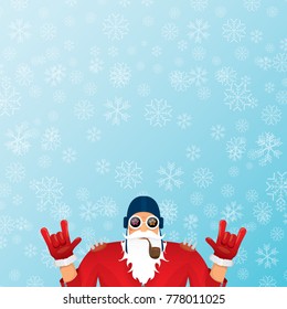 vector DJ santa claus with smoking pipe, santa beard and funky santa hat on blue background with snowflakes. Christmas hipster poster for party or greeting card. vector bad santa xmas poster