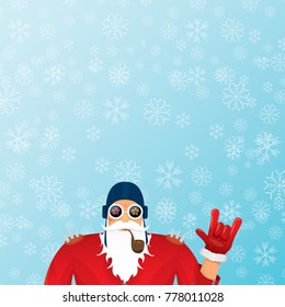 vector DJ santa claus with smoking pipe, santa beard and funky santa hat on blue background with snowflakes. Christmas hipster poster for party or greeting card. vector bad santa xmas poster