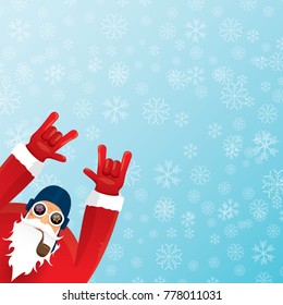 vector DJ santa claus with smoking pipe, santa beard and funky santa hat on blue background with snowflakes. Christmas hipster poster for party or greeting card. vector bad santa xmas poster