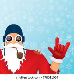 vector DJ santa claus with smoking pipe, santa beard and funky santa hat on blue background with snowflakes. Christmas hipster poster for party or greeting card. vector bad santa xmas poster