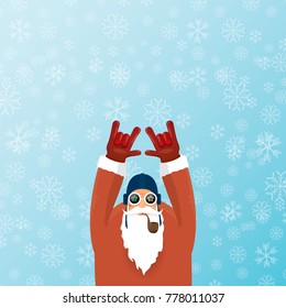 vector DJ santa claus with smoking pipe, santa beard and funky santa hat on blue background with snowflakes. Christmas hipster poster for party or greeting card. vector bad santa xmas poster
