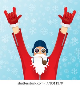 vector DJ santa claus with smoking pipe, santa beard and funky santa hat on blue background with snowflakes. Christmas hipster poster for party or greeting card. vector bad santa xmas poster