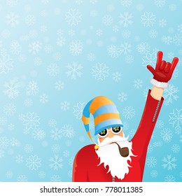 vector DJ santa claus with smoking pipe, santa beard and funky santa hat on blue background with snowflakes. Christmas hipster poster for party or greeting card. vector bad santa xmas poster