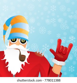 vector DJ santa claus with smoking pipe, santa beard and funky santa hat on blue background with snowflakes. Christmas hipster poster for party or greeting card. vector bad santa xmas poster