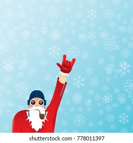 vector DJ santa claus with smoking pipe, santa beard and funky santa hat on blue background with snowflakes. Christmas hipster poster for party or greeting card. vector bad santa xmas poster